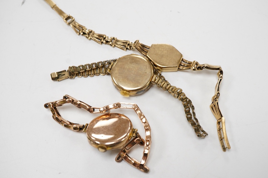 Two 9ct lady’s manual wind wrist watches on 9ct bracelets, gross weight 34 grams, including Smiths Imperial and another 9ct watch head on a rolled gold strap bracelet.